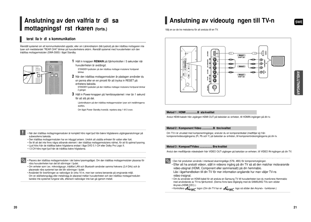 Samsung HT-TX500R/XEE manual Anslutning av videoutgå ngen till TV-n, Terställa trådlö s kommunikation 