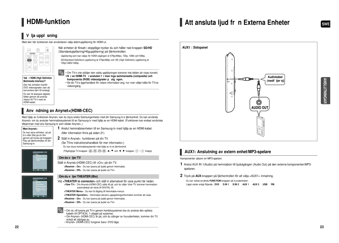 Samsung HT-TX500R/XEE manual HDMI-funktion, Att ansluta ljud från Externa Enheter, Vä lja upplö sning 