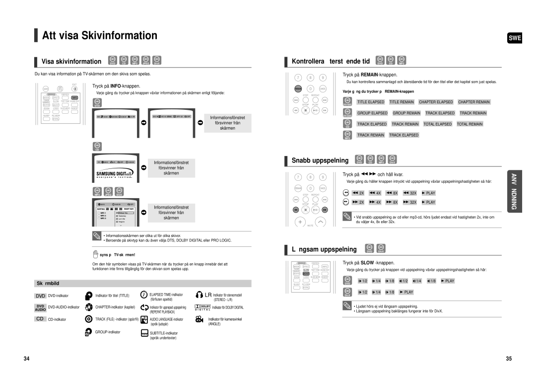 Samsung HT-TX500R/XEE Att visa Skivinformation, Visa skivinformation DVD CD MP3 Jpeg DivX, Lå ngsam uppspelning DVD DivX 