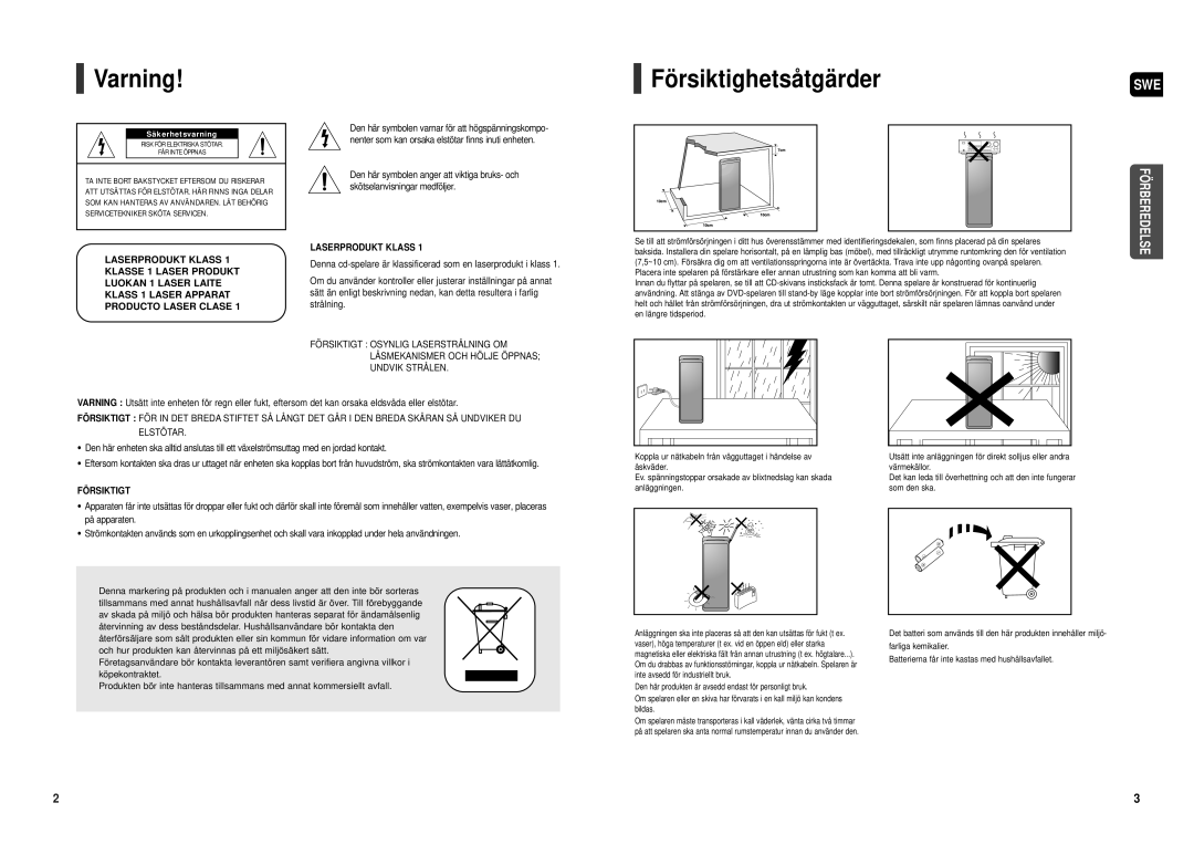 Samsung HT-TX500R/XEE manual Varning, Försiktighetsåtgärder 