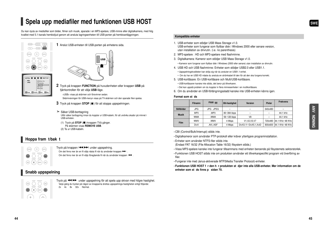 Samsung HT-TX500R/XEE manual Tryck på knappen under uppspelning, Kompatibla enheter, Format som stö ds 