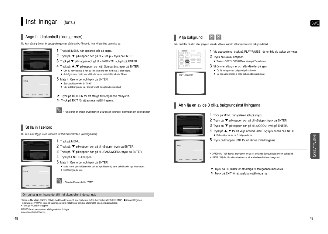 Samsung HT-TX500R/XEE manual Inställningar forts, Ange föräldrakontroll åldersgränser, Välja bakgrund, Ställa in lösenord 