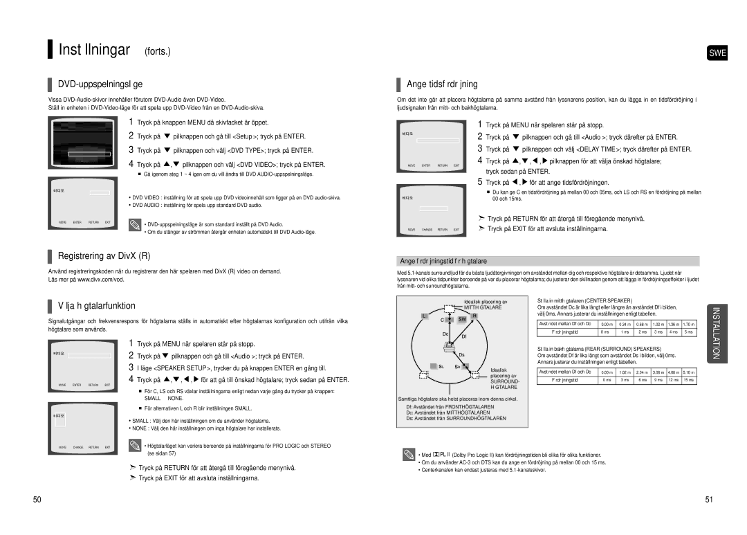 Samsung HT-TX500R/XEE manual DVD-uppspelningsläge, Ange tidsfördröjning, Registrering av DivX R, Välja högtalarfunktion 