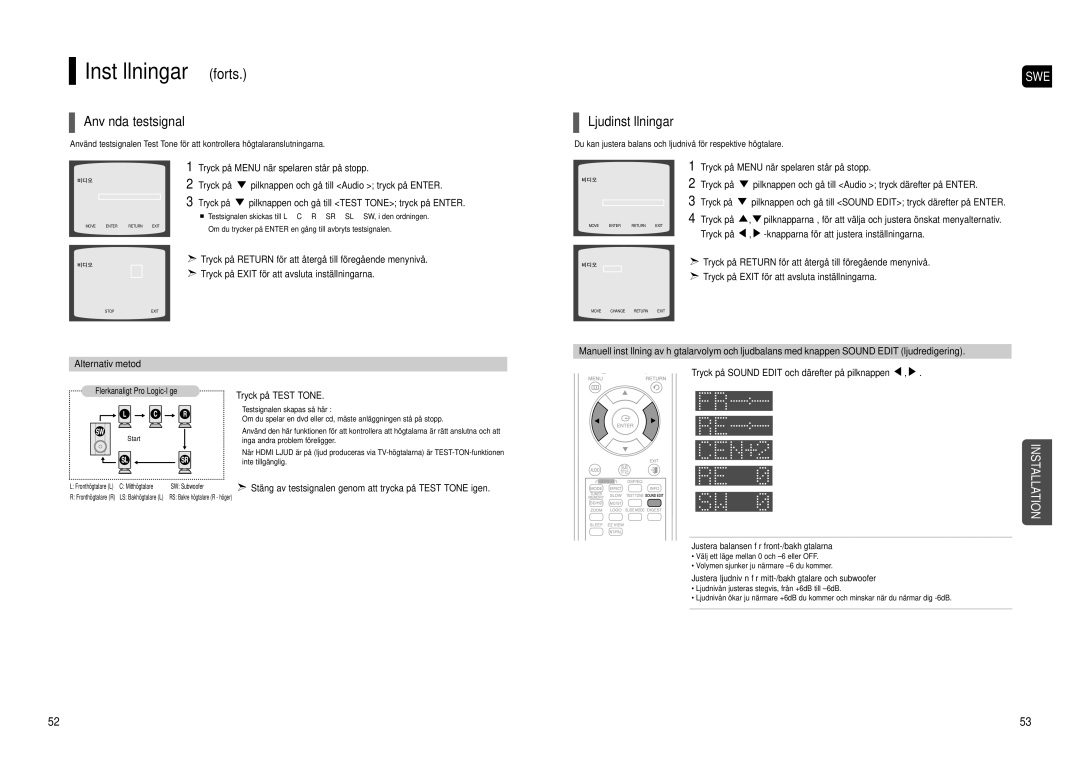 Samsung HT-TX500R/XEE manual Använda testsignal, Ljudinställningar, Tryck på Test Tone 