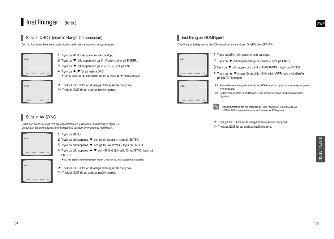 Samsung HT-TX500R/XEE manual Ställa in DRC Dynamic Range Compression, Inställning av HDMI-ljudet, Ställa in AV Sync 