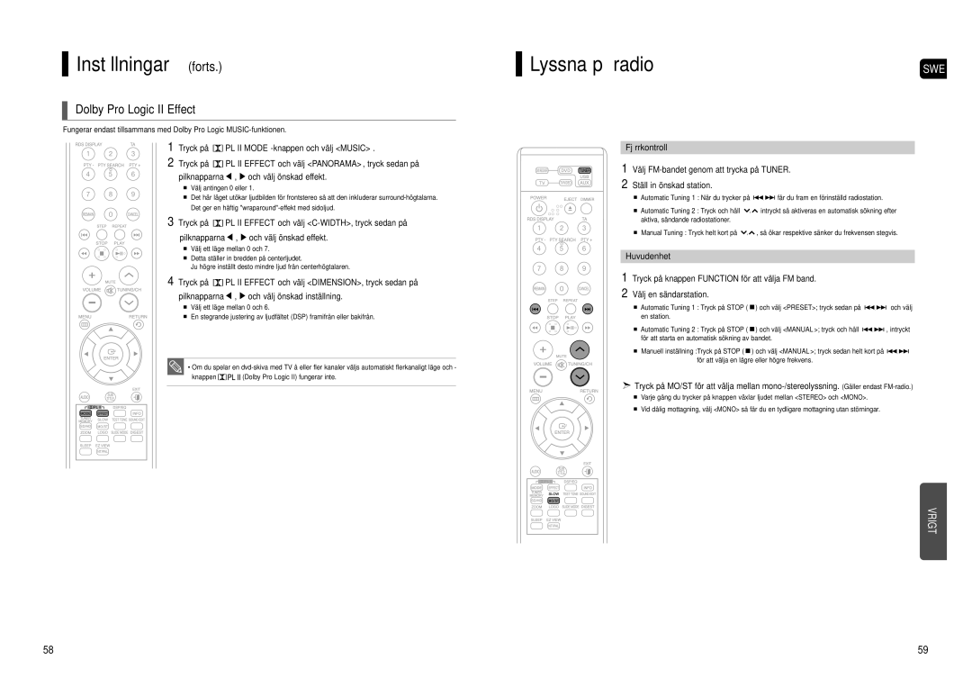 Samsung HT-TX500R/XEE manual Lyssna på radio, Dolby Pro Logic II Effect, PL II Mode -knappen och välj Music, Fjärrkontroll 