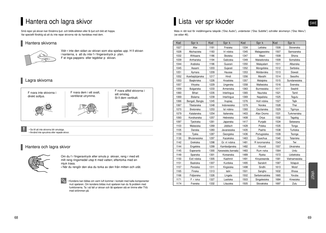 Samsung HT-TX500R/XEE manual Hantera och lagra skivor, Lista över språkkoder, Hantera skivorna, Lagra skivorna 