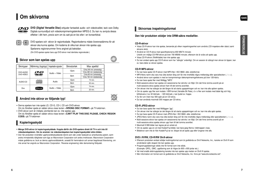 Samsung HT-TX500R/XEE manual Om skivorna, Skivor som kan spelas upp, Använd inte skivor av fö ljande typ, Kopieringsskydd 