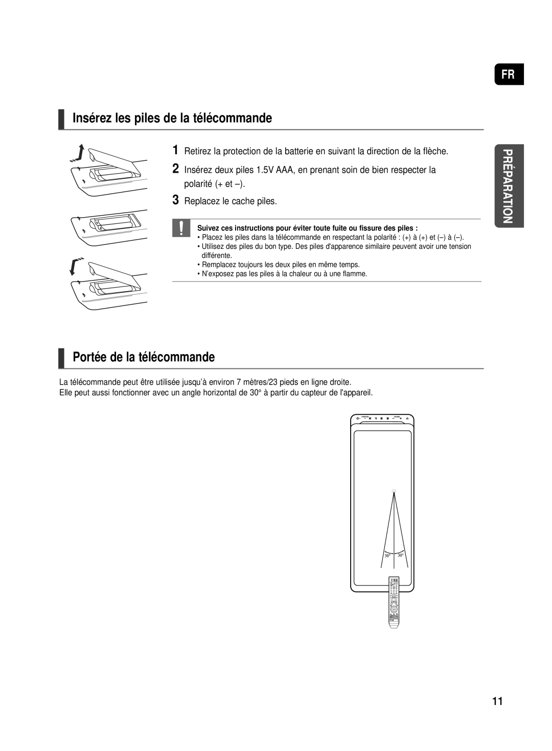 Samsung HT-TX500R/XEF manual Insérez les piles de la télécommande, Portée de la télécommande 