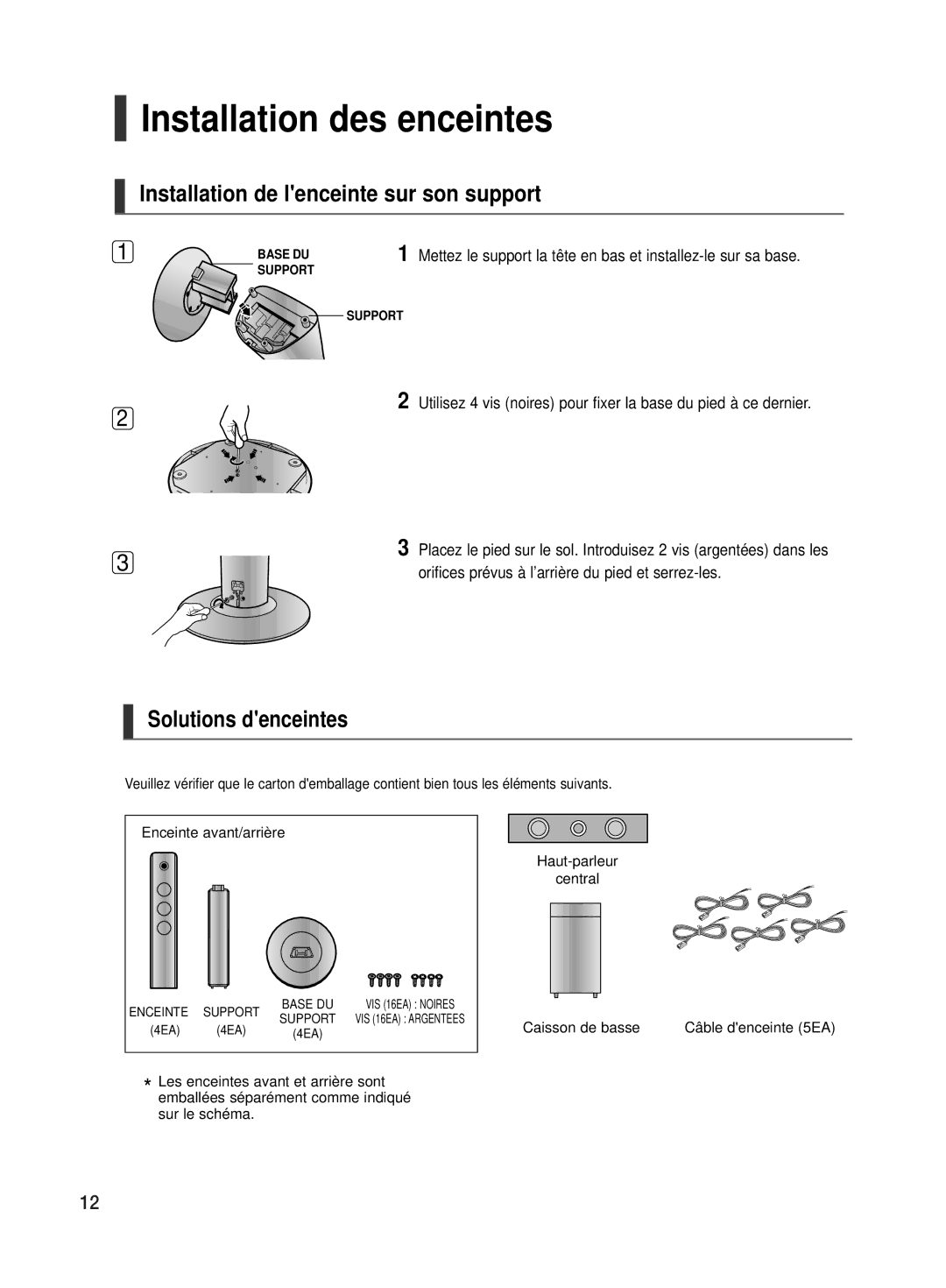 Samsung HT-TX500R/XEF manual Installation des enceintes, Installation de lenceinte sur son support, Solutions denceintes 