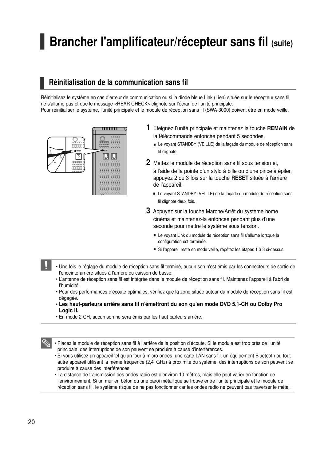 Samsung HT-TX500R/XEF manual Réinitialisation de la communication sans fil, De l’appareil 