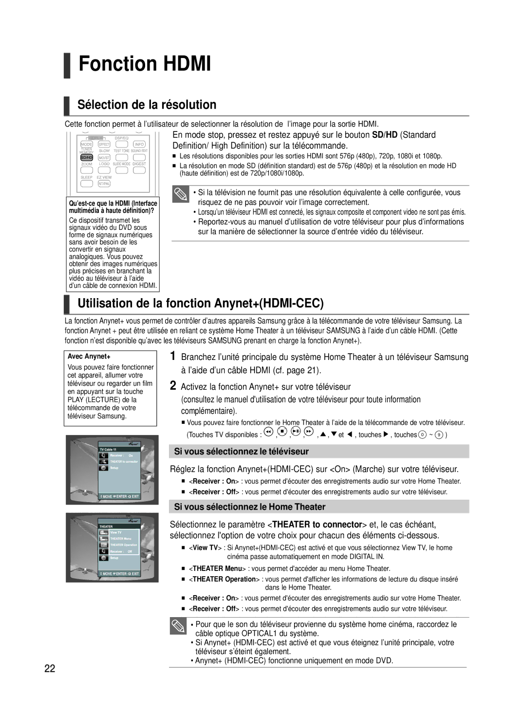 Samsung HT-TX500R/XEF manual Fonction Hdmi, Sélection de la résolution, Utilisation de la fonction Anynet+HDMI-CEC 