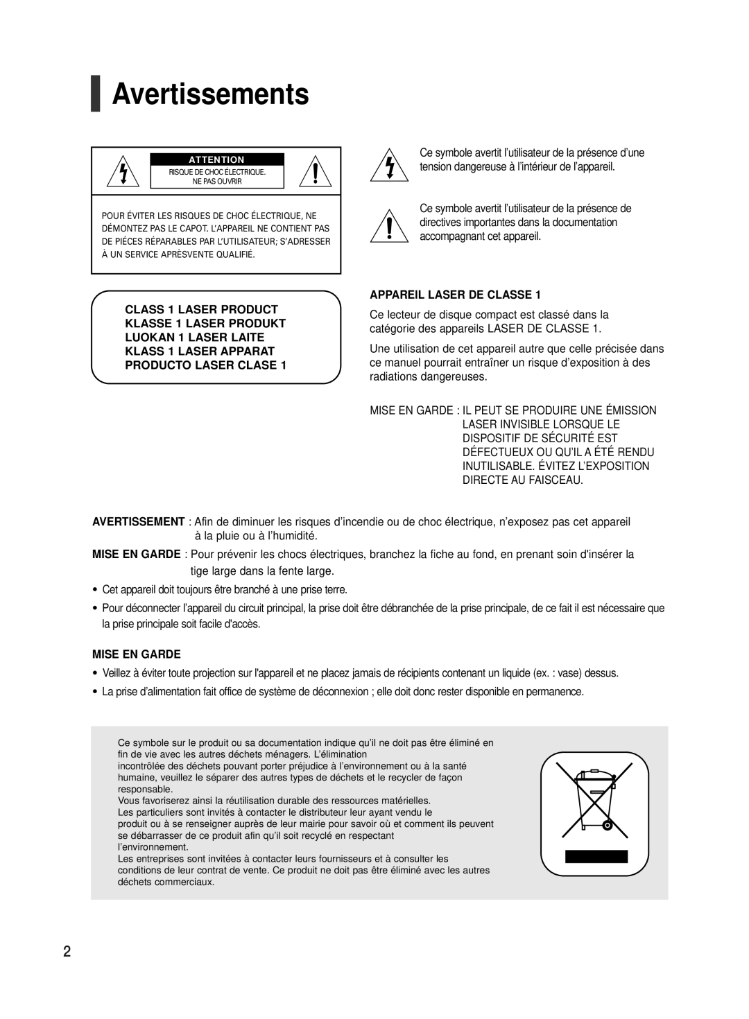 Samsung HT-TX500R/XEF manual Avertissements, Appareil Laser DE Classe 