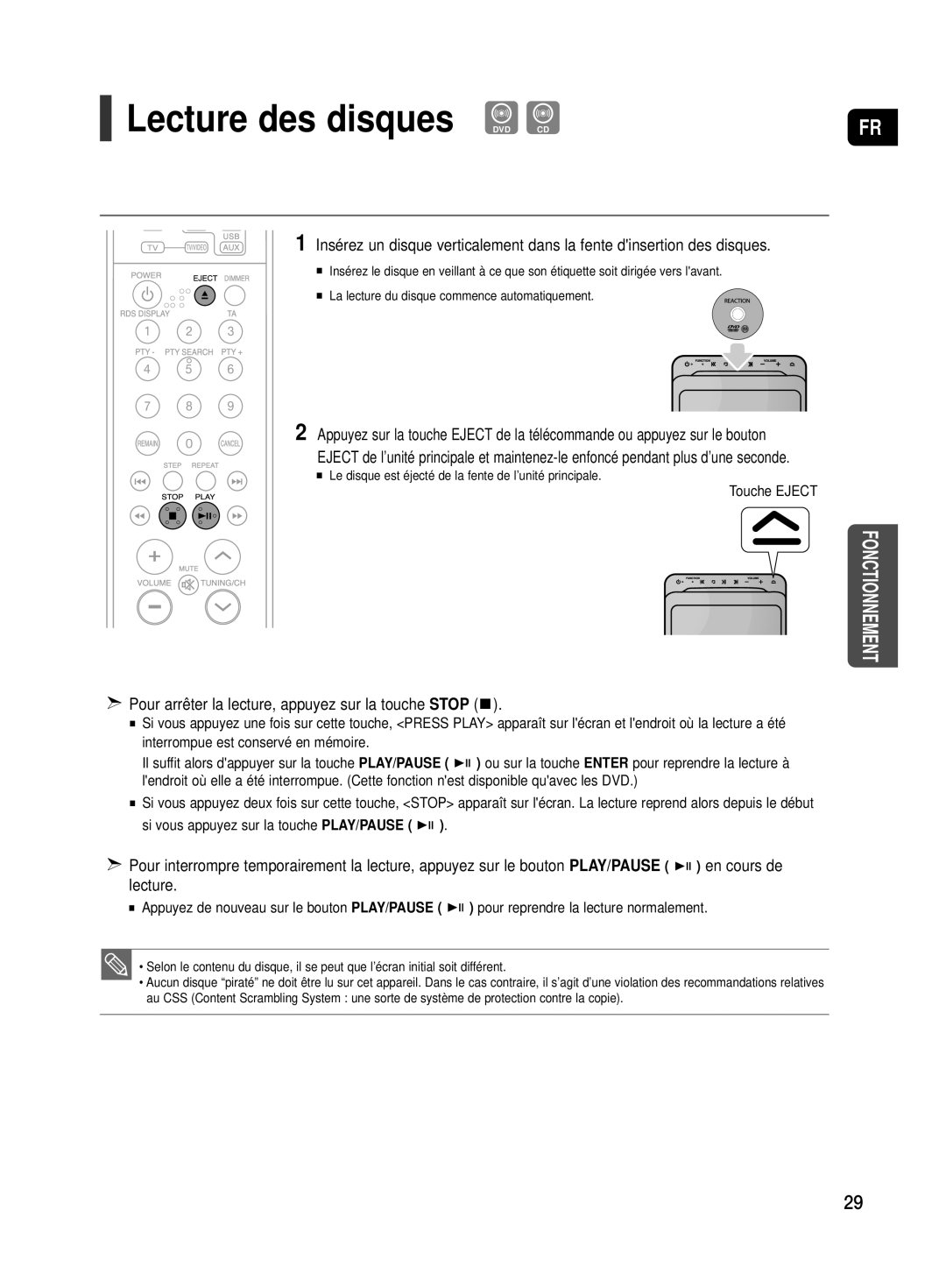 Samsung HT-TX500R/XEF manual Lecture des disques DVD CD, Pour arrêter la lecture, appuyez sur la touche Stop 