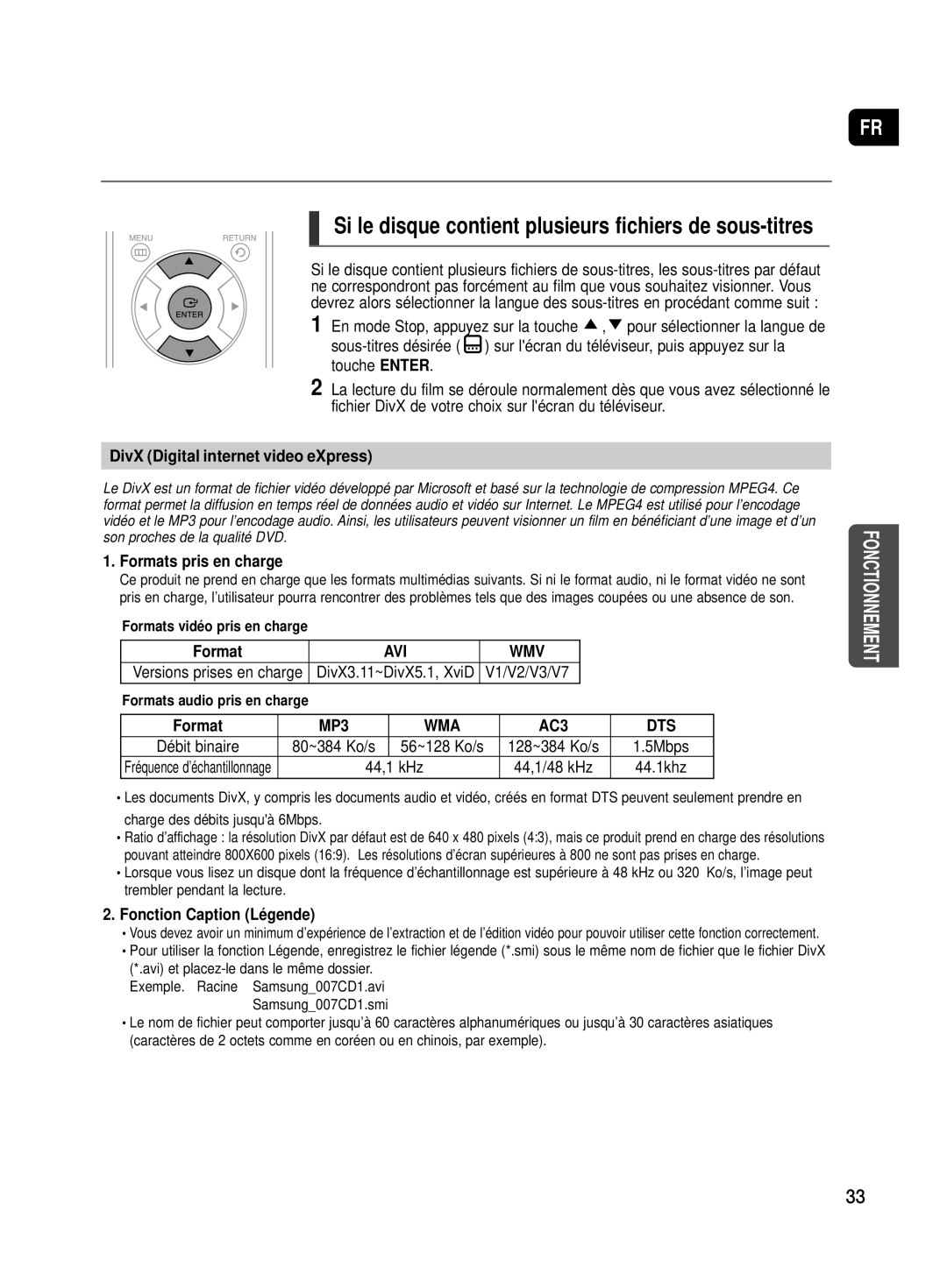 Samsung HT-TX500R/XEF manual DivX Digital internet video eXpress, Formats pris en charge, Fonction Caption Légende 