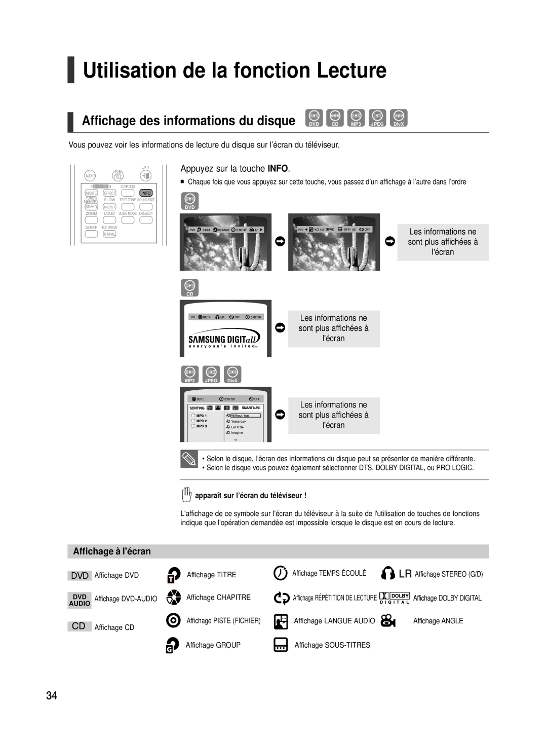 Samsung HT-TX500R/XEF manual Utilisation de la fonction Lecture, Affichage des informations du disque DVD CD MP3 Jpeg DivX 