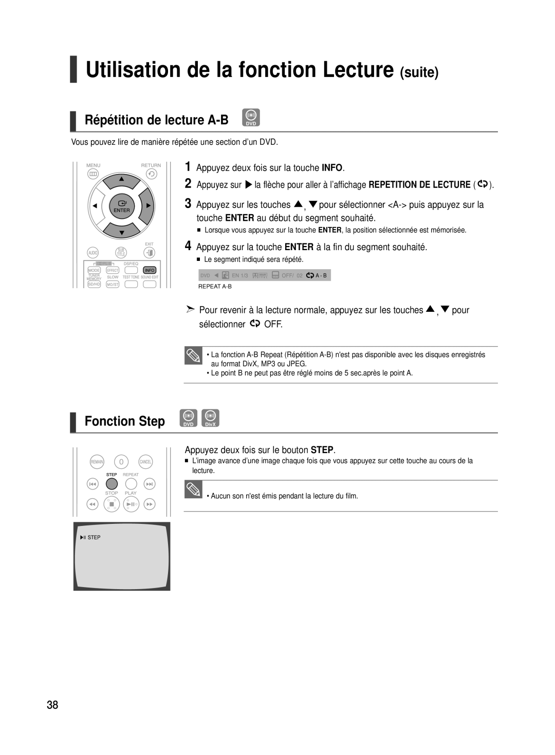 Samsung HT-TX500R/XEF manual Répétition de lecture A-B DVD, Fonction Step DVD DivX, Appuyez deux fois sur le bouton Step 