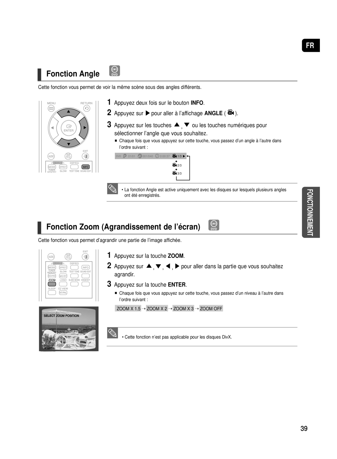 Samsung HT-TX500R/XEF manual Fonction Zoom Agrandissement de l’écran DVD, Appuyez deux fois sur le bouton Info 