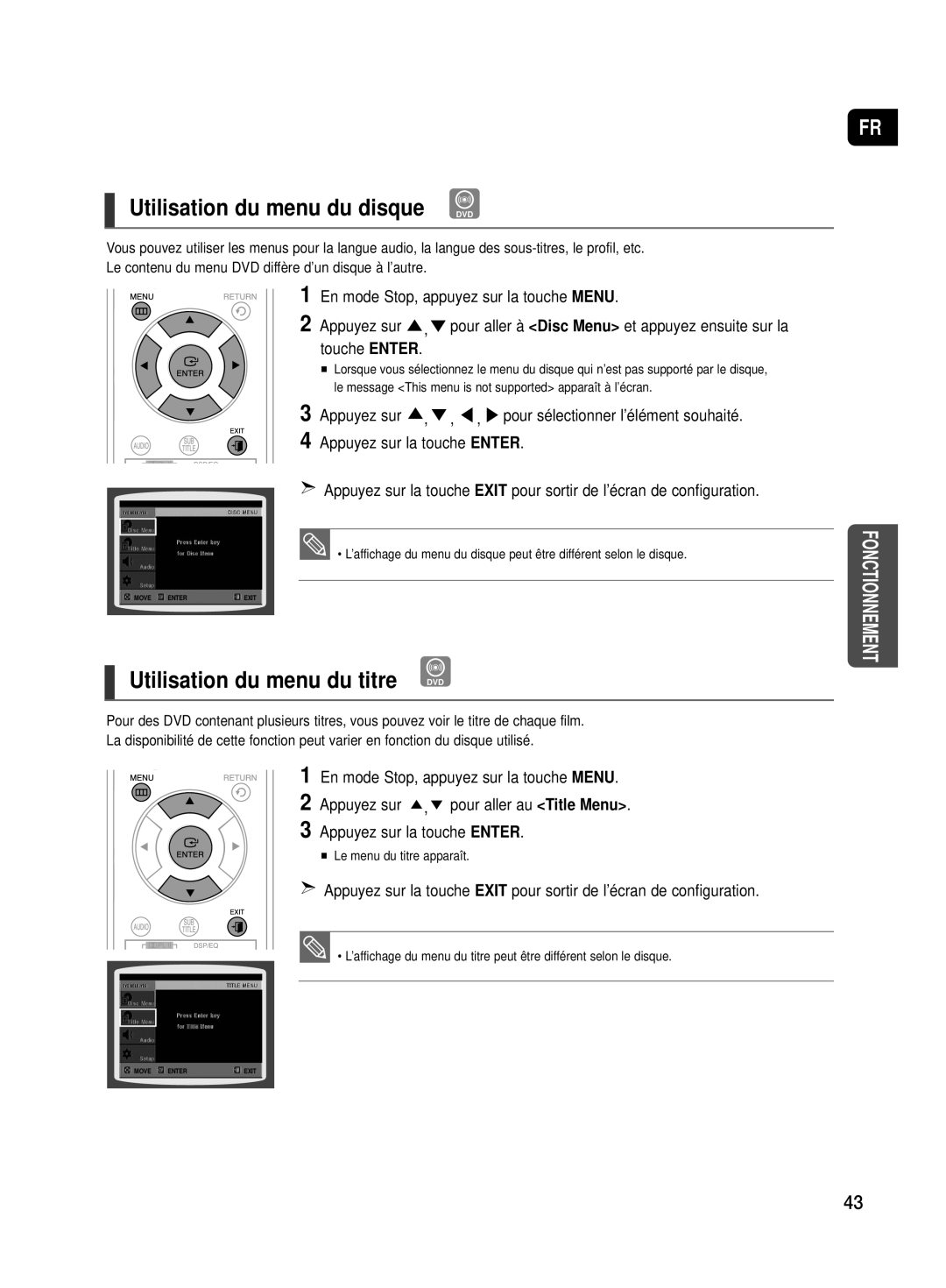 Samsung HT-TX500R/XEF manual Utilisation du menu du disque DVD, Appuyez sur , , , pour sélectionner l’élément souhaité 