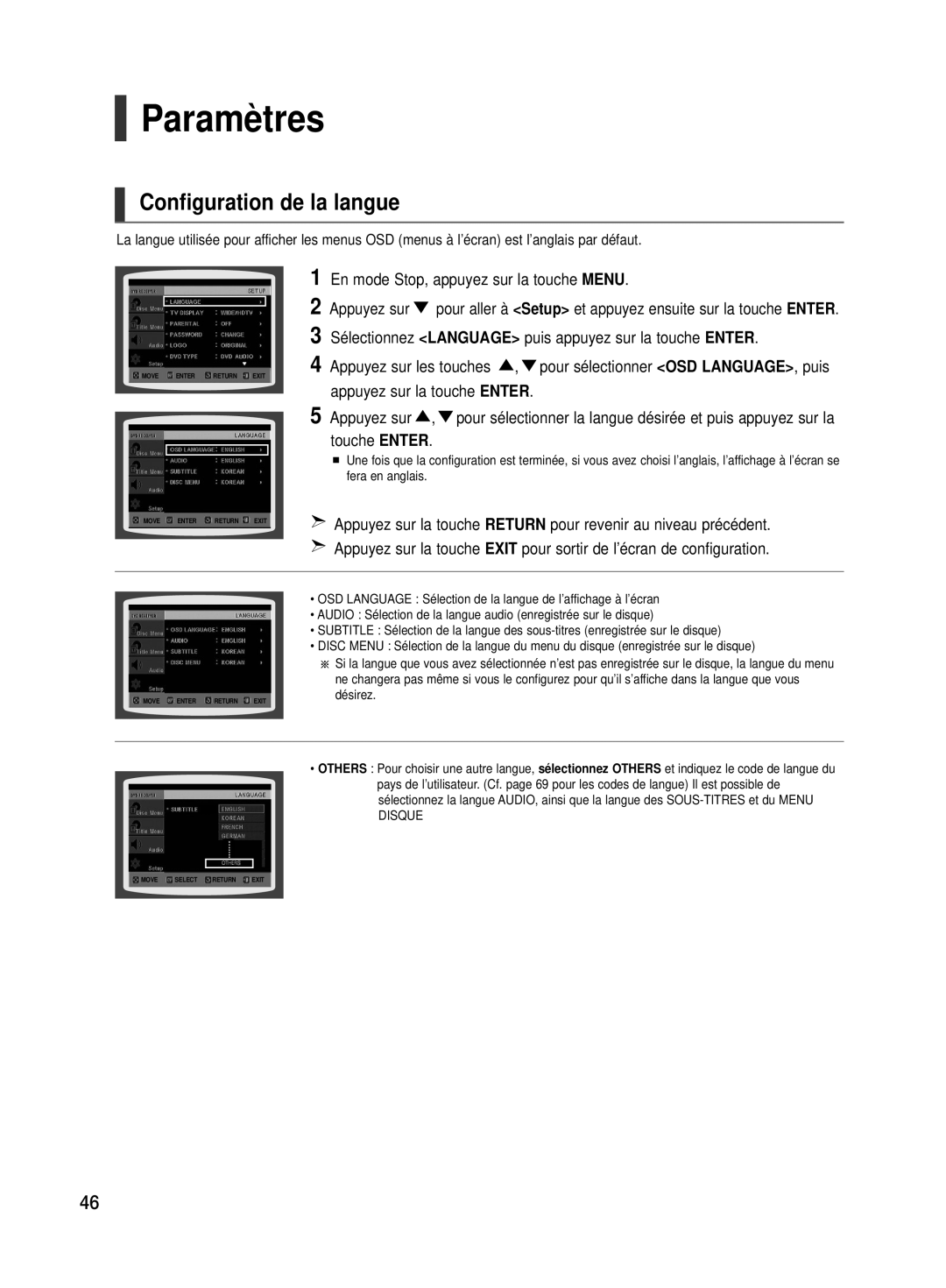 Samsung HT-TX500R/XEF manual Paramètres, Configuration de la langue, En mode Stop, appuyez sur la touche Menu 