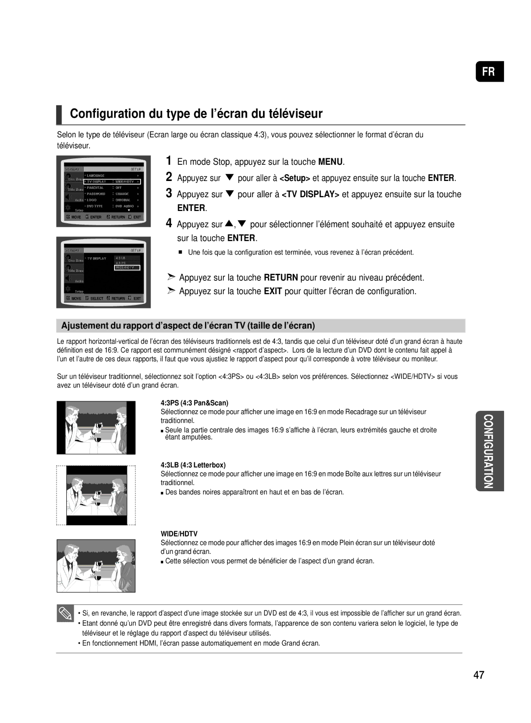 Samsung HT-TX500R/XEF manual Configuration du type de l’écran du téléviseur, 43PS 43 Pan&Scan 