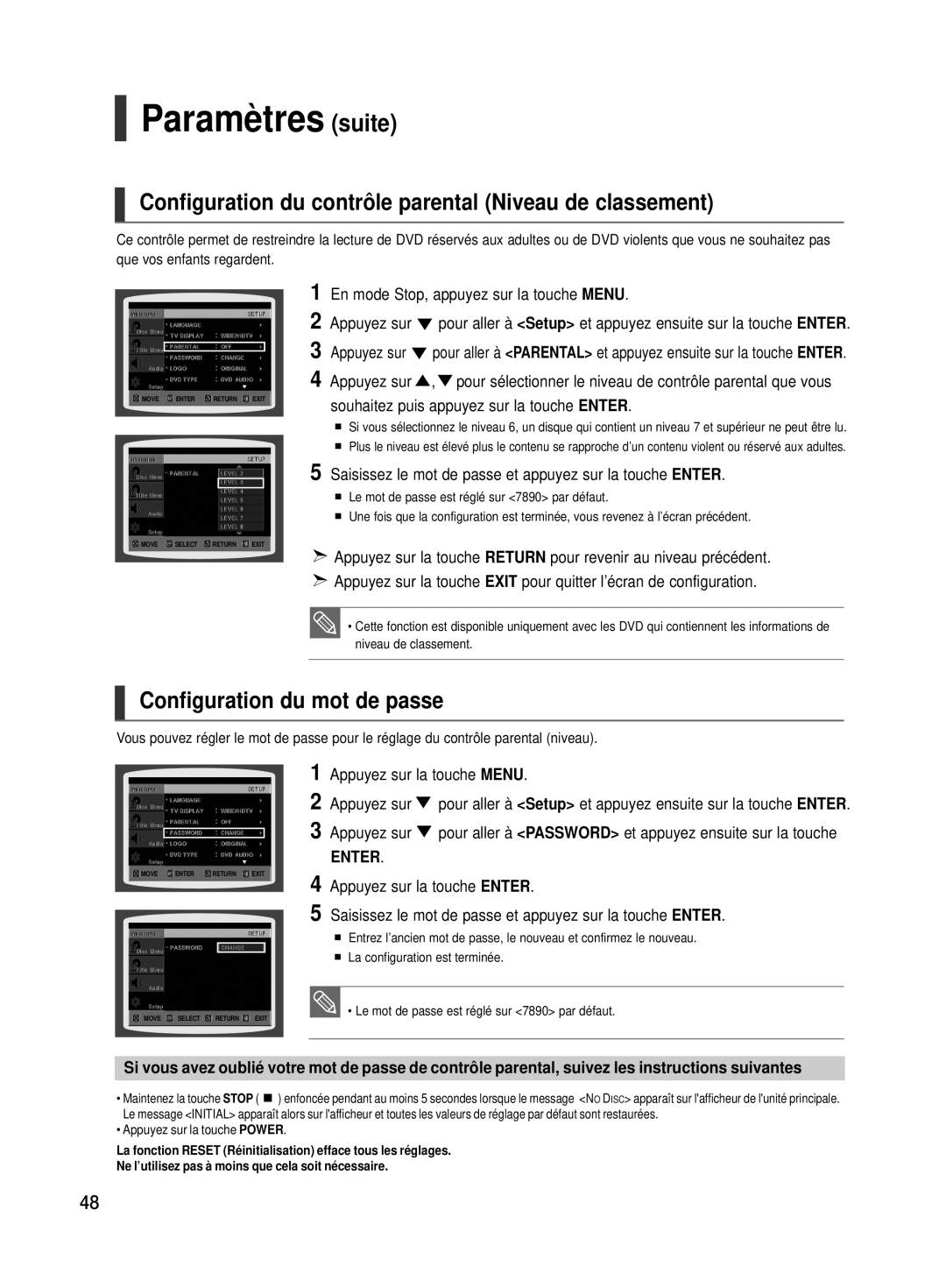 Samsung HT-TX500R/XEF manual Paramètres suite, Configuration du contrôle parental Niveau de classement 