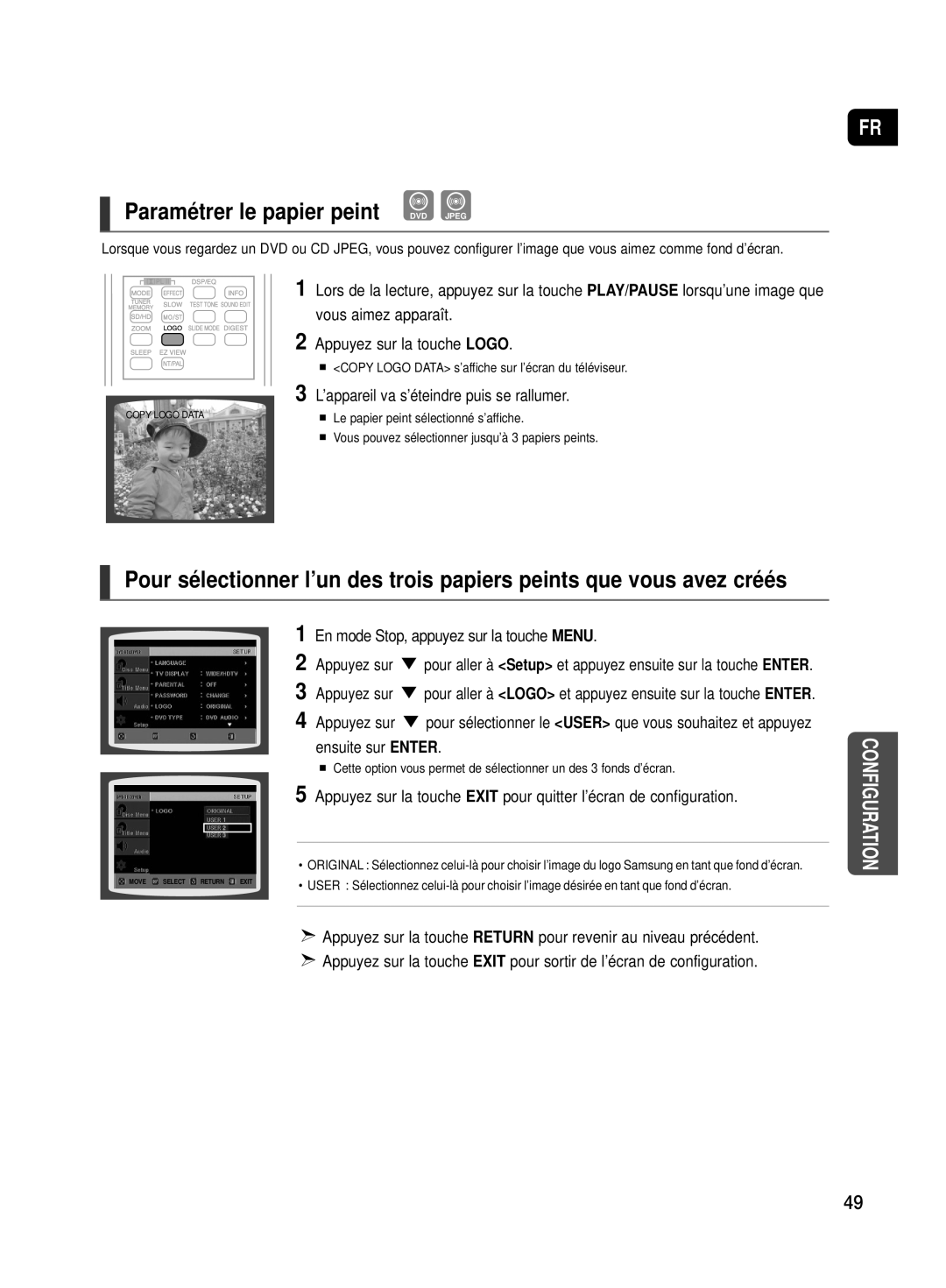 Samsung HT-TX500R/XEF Paramétrer le papier peint DVD Jpeg, ’appareil va s’éteindre puis se rallumer, Ensuite sur Enter 