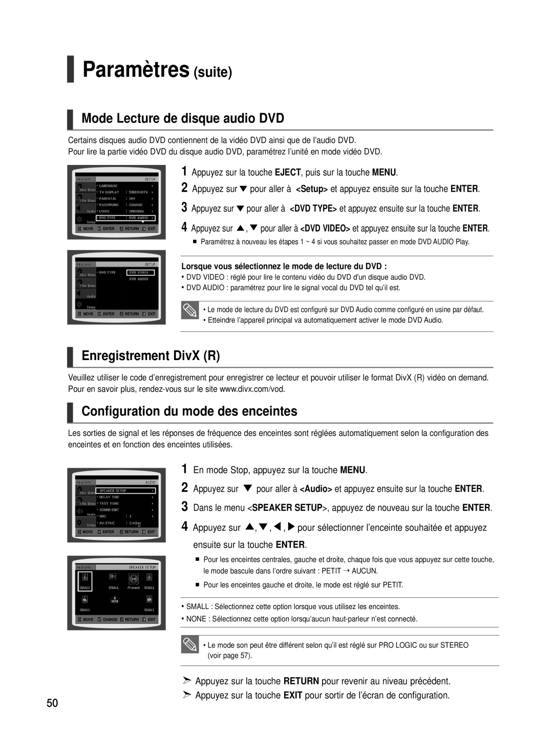 Samsung HT-TX500R/XEF manual Mode Lecture de disque audio DVD, Enregistrement DivX R Configuration du mode des enceintes 