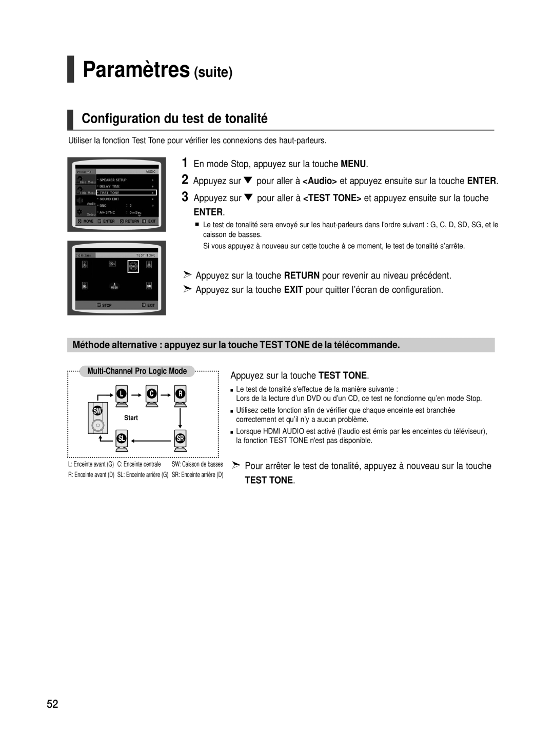 Samsung HT-TX500R/XEF manual Configuration du test de tonalité, Appuyez sur la touche Test Tone 