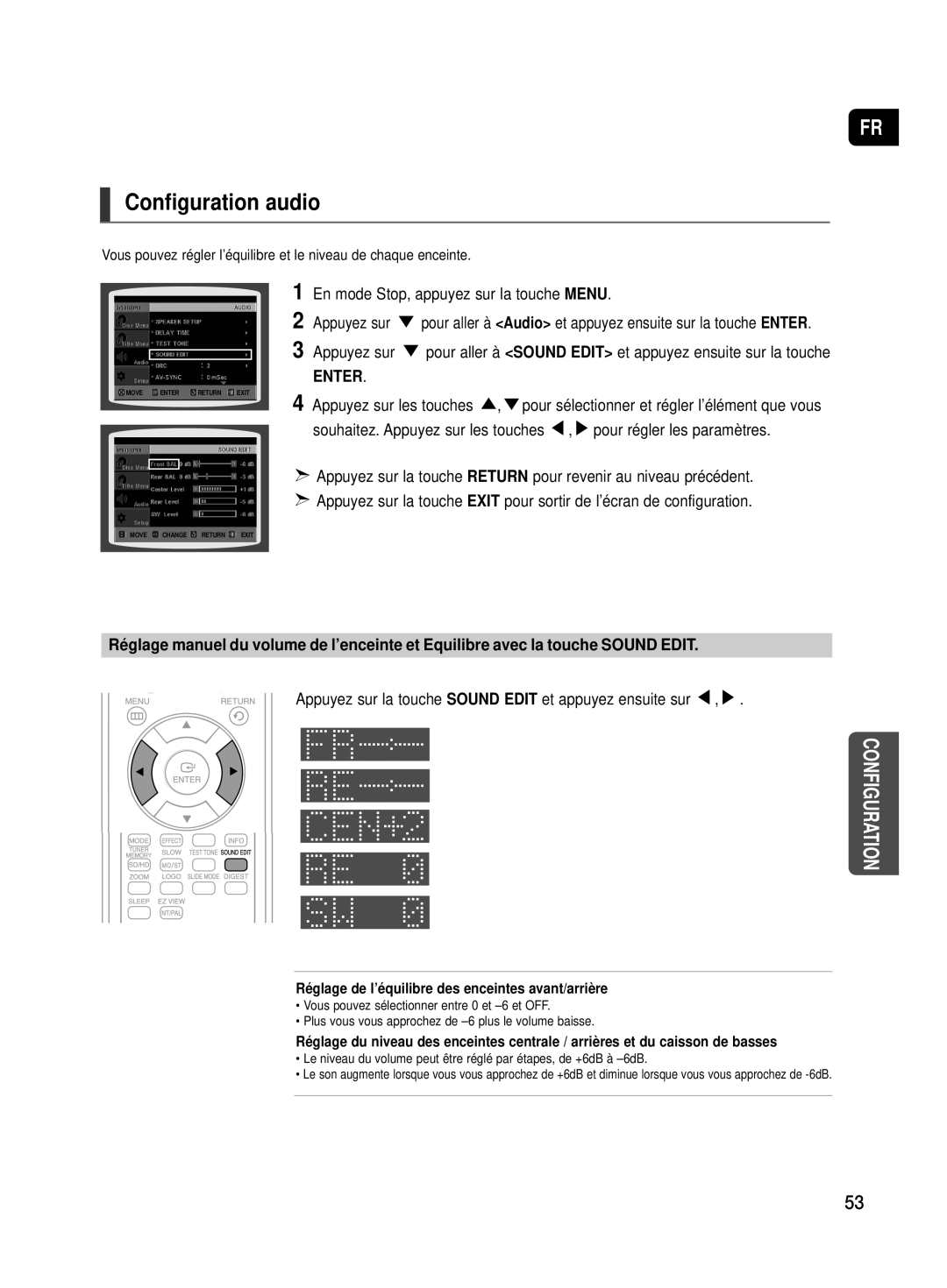 Samsung HT-TX500R/XEF manual Configuration audio, Appuyez sur la touche Sound Edit et appuyez ensuite sur 