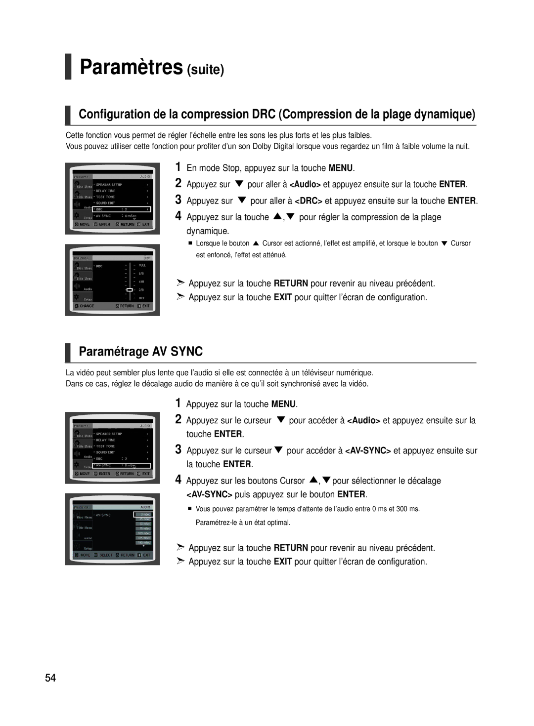 Samsung HT-TX500R/XEF manual Paramétrage AV Sync, Dynamique, Touche Enter Appuyez sur le curseur 