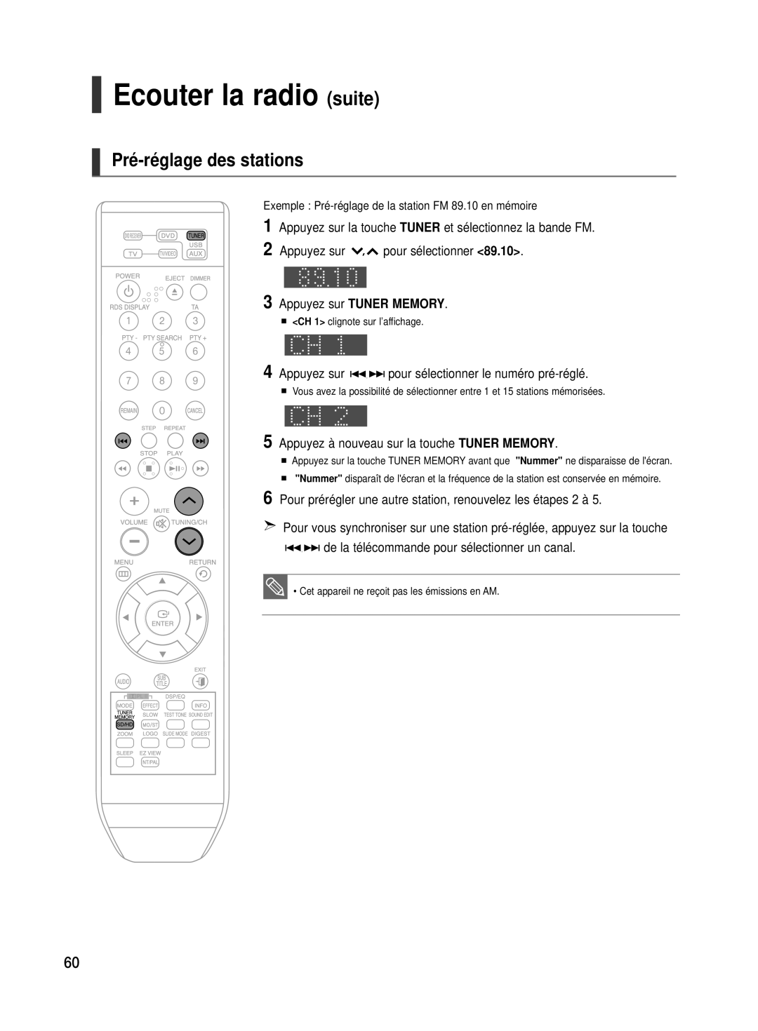 Samsung HT-TX500R/XEF Ecouter la radio suite, Pré-réglage des stations, Appuyez sur pour sélectionner le numéro pré-réglé 