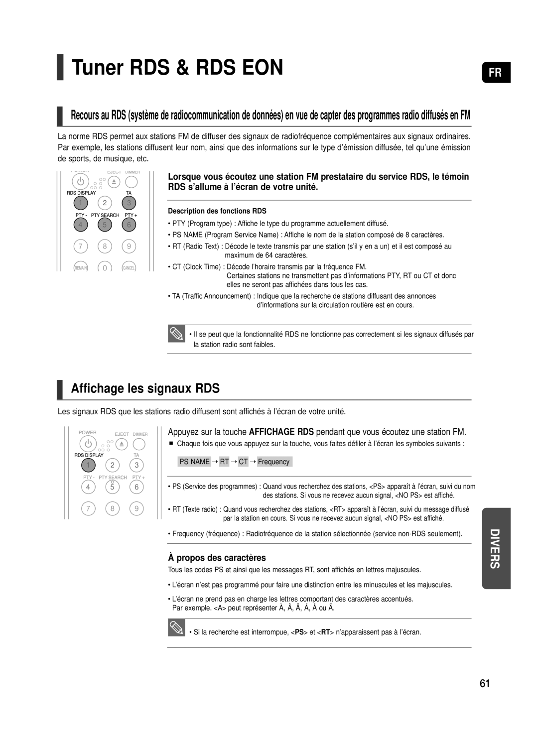 Samsung HT-TX500R/XEF manual Tuner RDS & RDS EON, Affichage les signaux RDS, Propos des caractères 