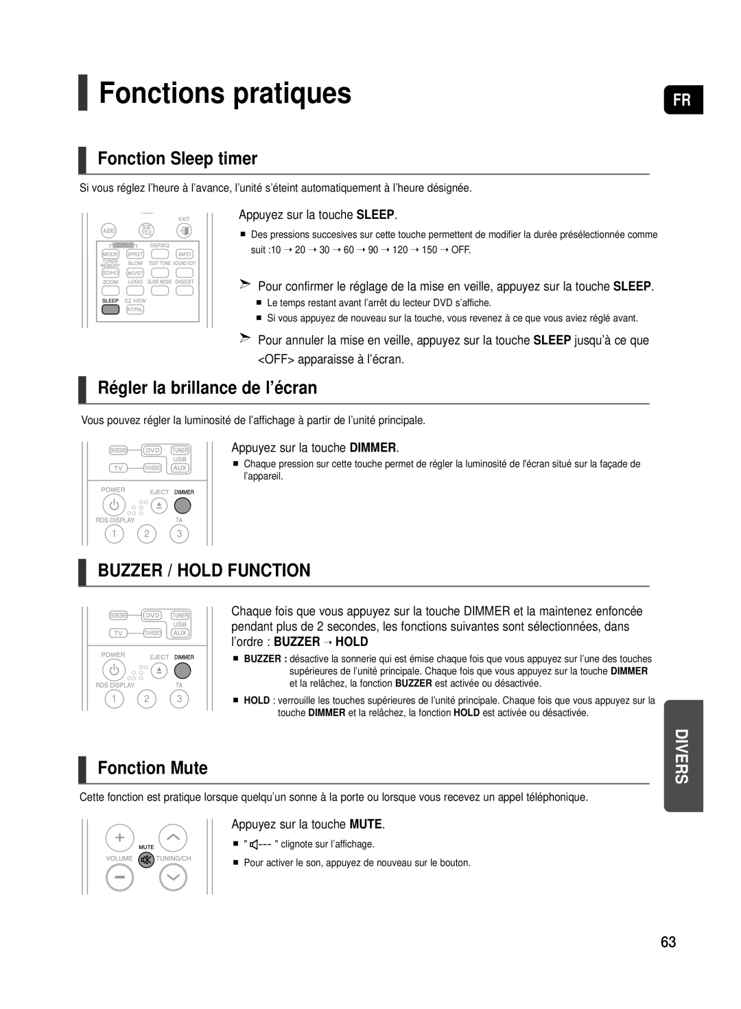 Samsung HT-TX500R/XEF manual Fonctions pratiques, Fonction Sleep timer, Régler la brillance de l’écran, Fonction Mute 