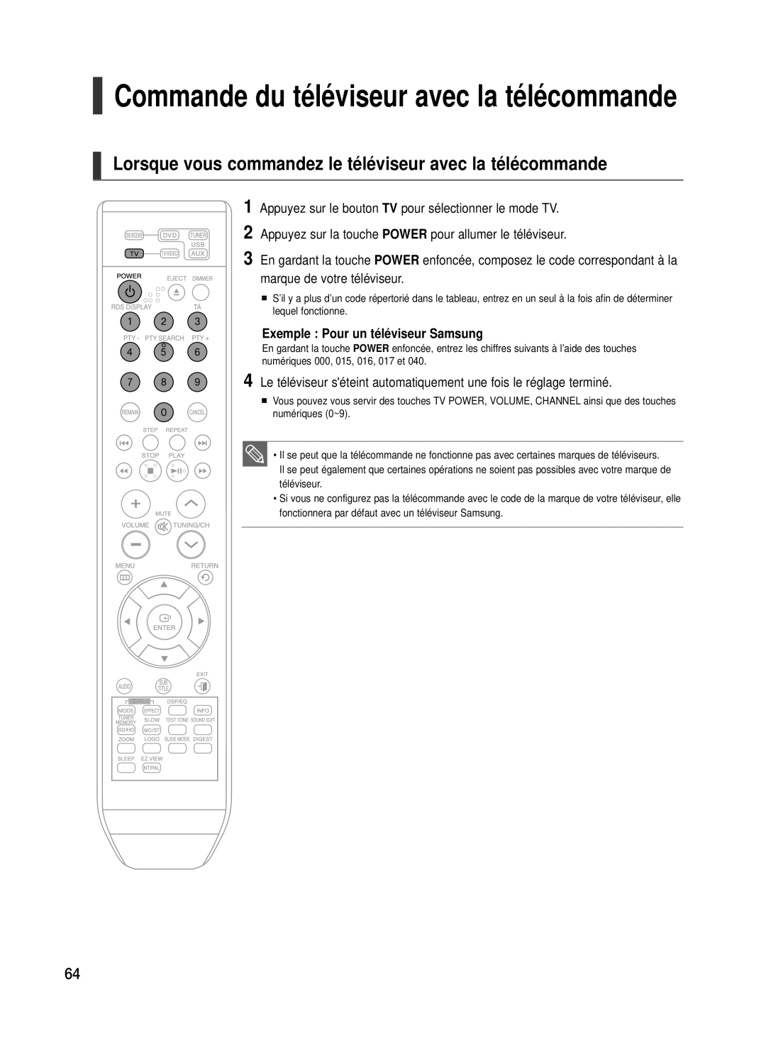 Samsung HT-TX500R/XEF manual Lorsque vous commandez le téléviseur avec la télécommande, Exemple Pour un téléviseur Samsung 