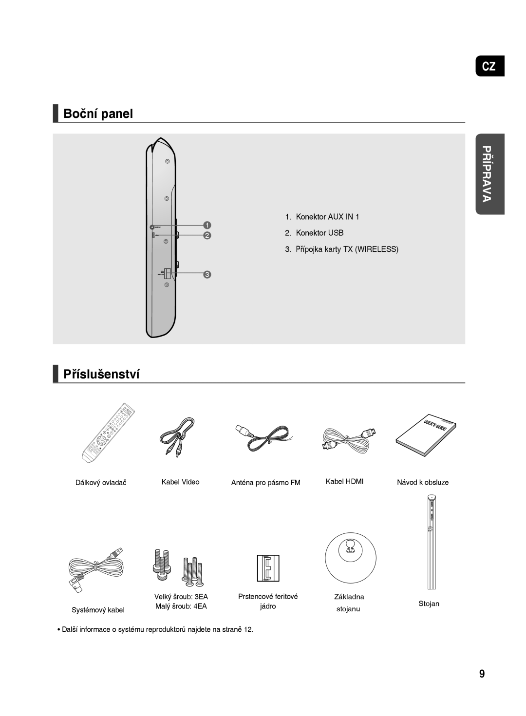 Samsung HT-TX500R/XEO manual Boční panel, Příslušenství, Konektor AUX Konektor USB Přípojka karty TX Wireless 