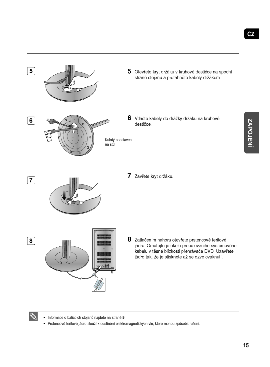 Samsung HT-TX500R/XEO manual Vtlačte kabely do drážky držáku na kruhové, Destičce,  Zavřete kryt držáku 