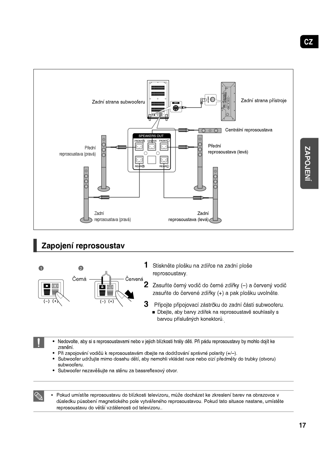 Samsung HT-TX500R/XEO manual Zapojení reprosoustav, Zadní strana subwooferu, Černá 