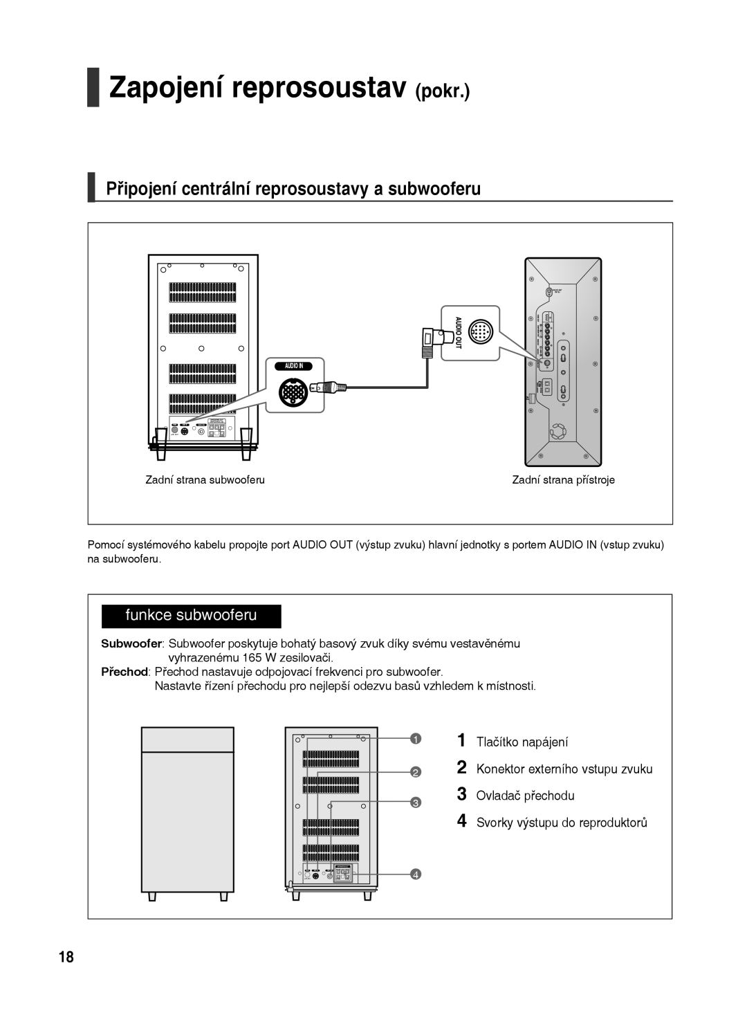 Samsung HT-TX500R/XEO manual Zapojení reprosoustav pokr, Připojení centrální reprosoustavy a subwooferu 