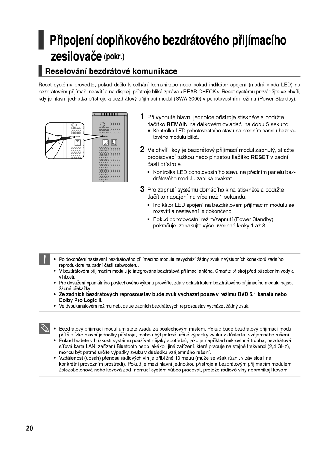 Samsung HT-TX500R/XEO manual Resetování bezdrátové komunikace 