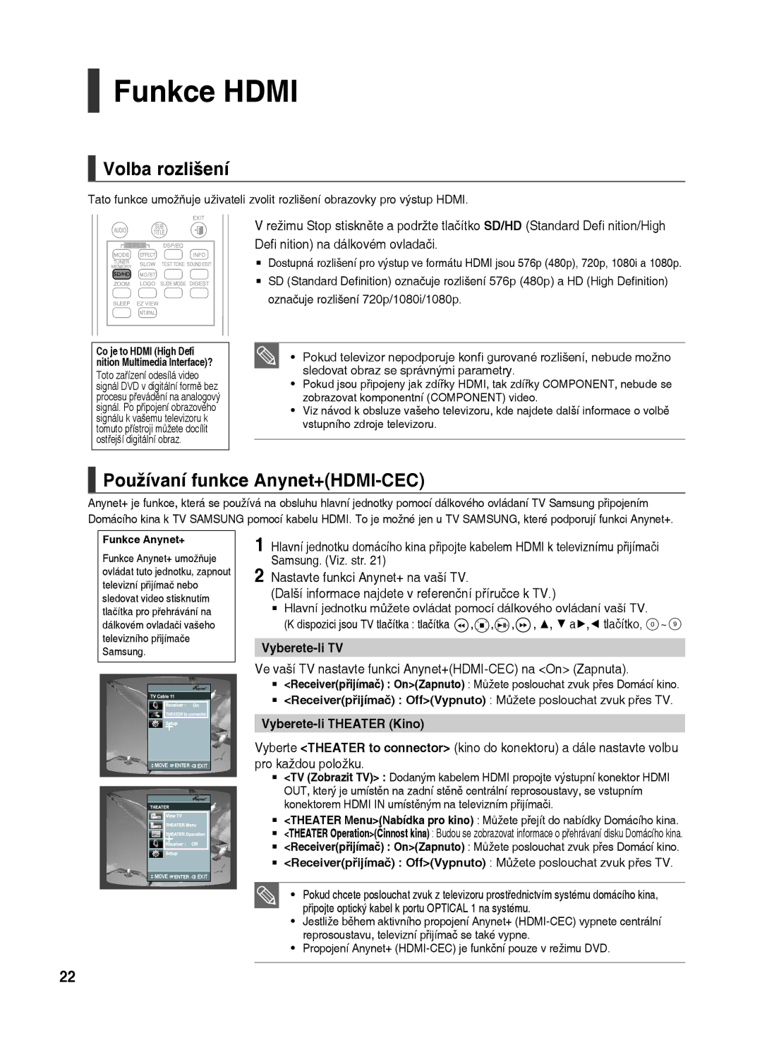 Samsung HT-TX500R/XEO manual Funkce Hdmi, Volba rozlišení, Používaní funkce Anynet+HDMI-CEC, Vyberete-li TV 