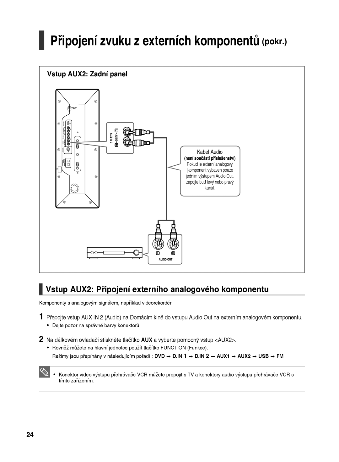 Samsung HT-TX500R/XEO Připojení zvuku z externích komponentů pokr, Vstup AUX2 Připojení externího analogového komponentu 