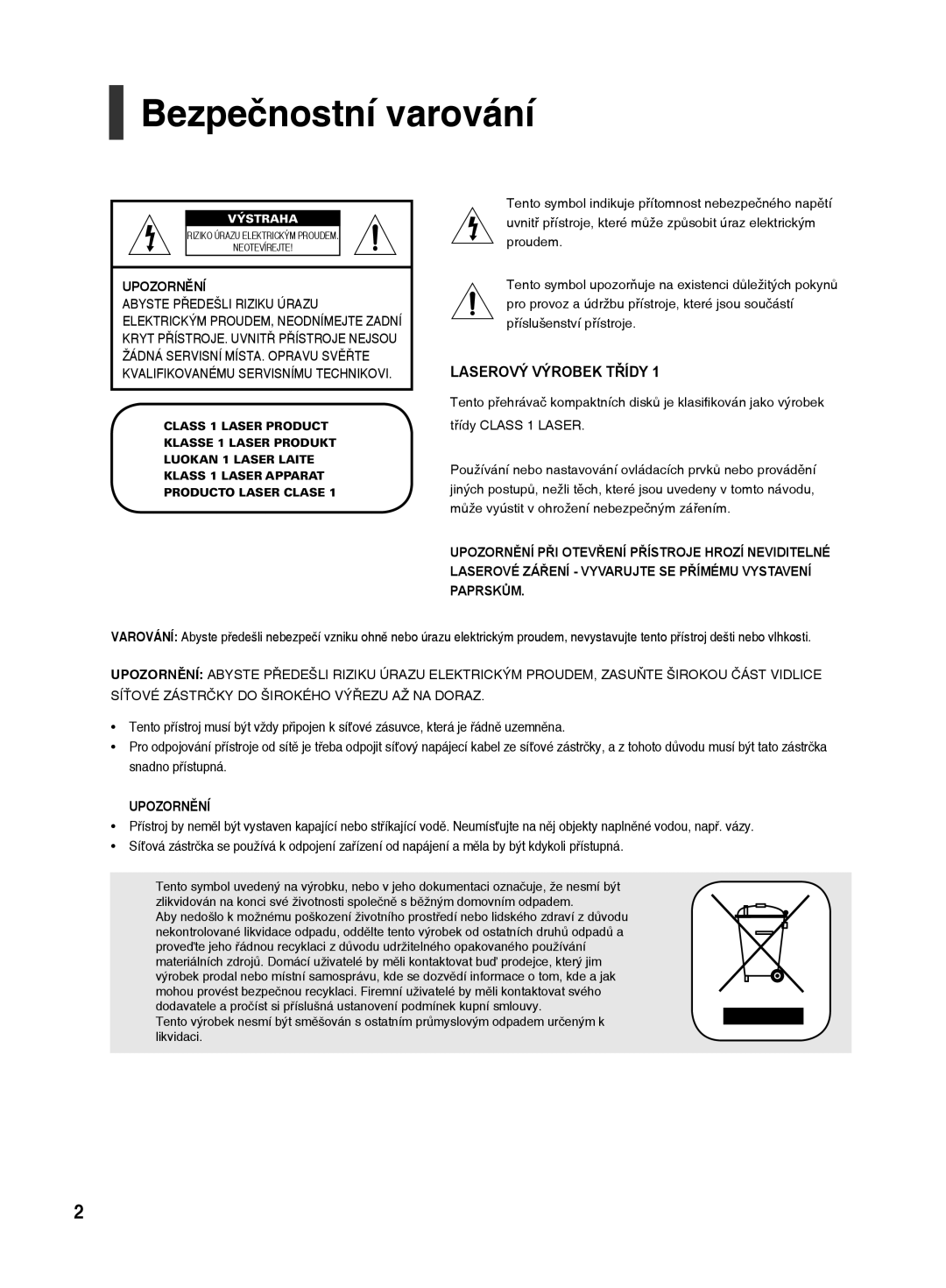 Samsung HT-TX500R/XEO manual Bezpečnostní varování, Upozornění 