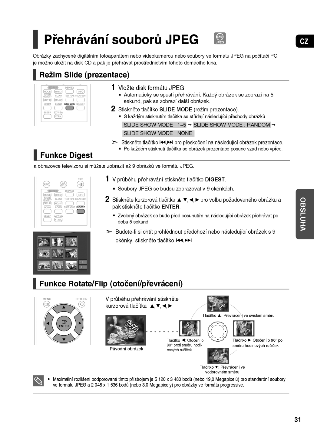 Samsung HT-TX500R/XEO manual Režim Slide prezentace Funkce Digest, Funkce Rotate/Flip otočení/převrácení 