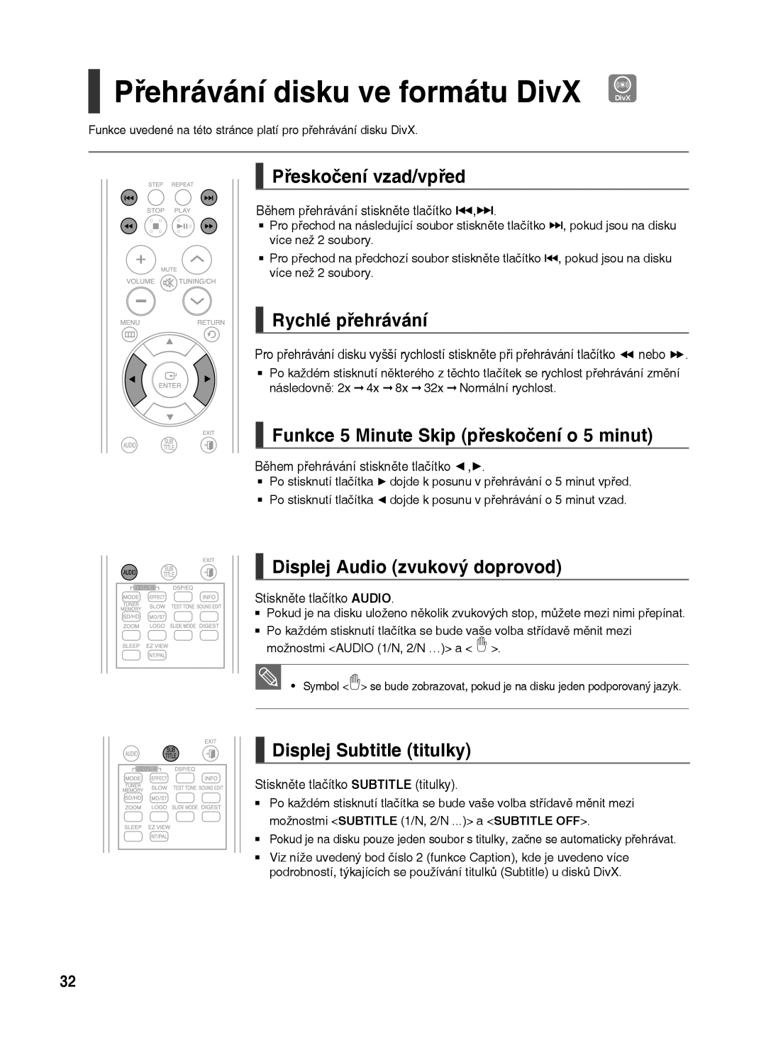 Samsung HT-TX500R/XEO manual Přeskočení vzad/vpřed, Rychlé přehrávání, Funkce 5 Minute Skip přeskočení o 5 minut 