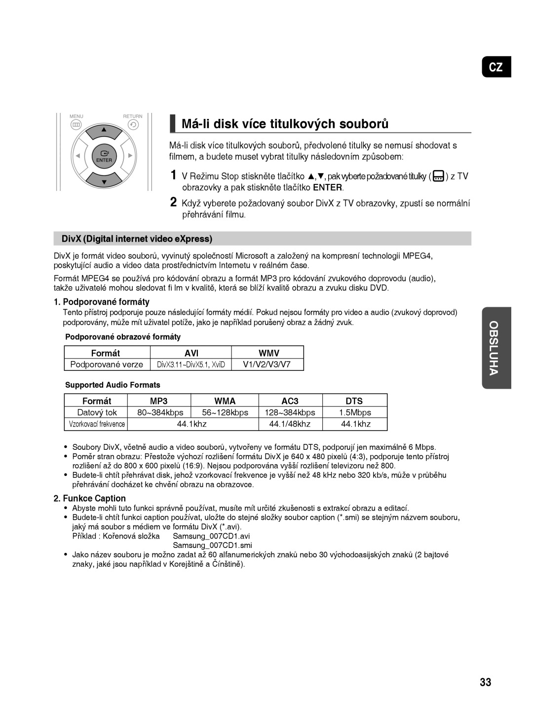 Samsung HT-TX500R/XEO manual Má-li disk více titulkových souborů, DivX Digital internet video eXpress, Podporované formáty 