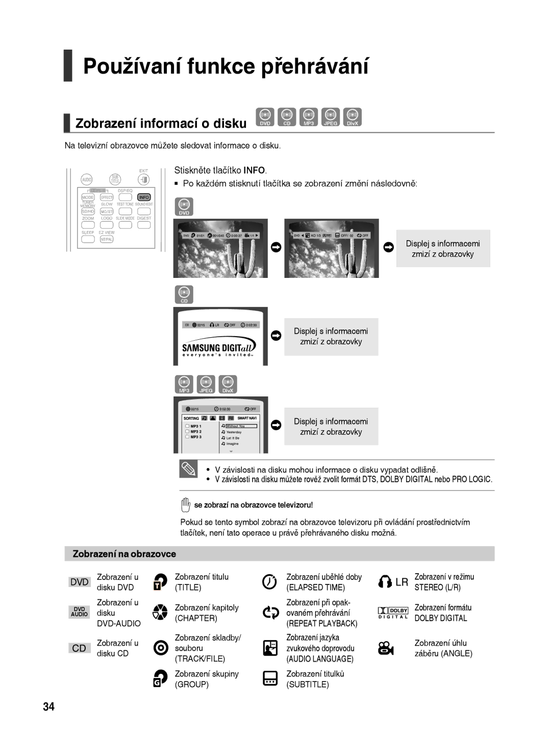 Samsung HT-TX500R/XEO manual Používaní funkce přehrávání, Zobrazení informací o disku DVD CD MP3 Jpeg DivX 