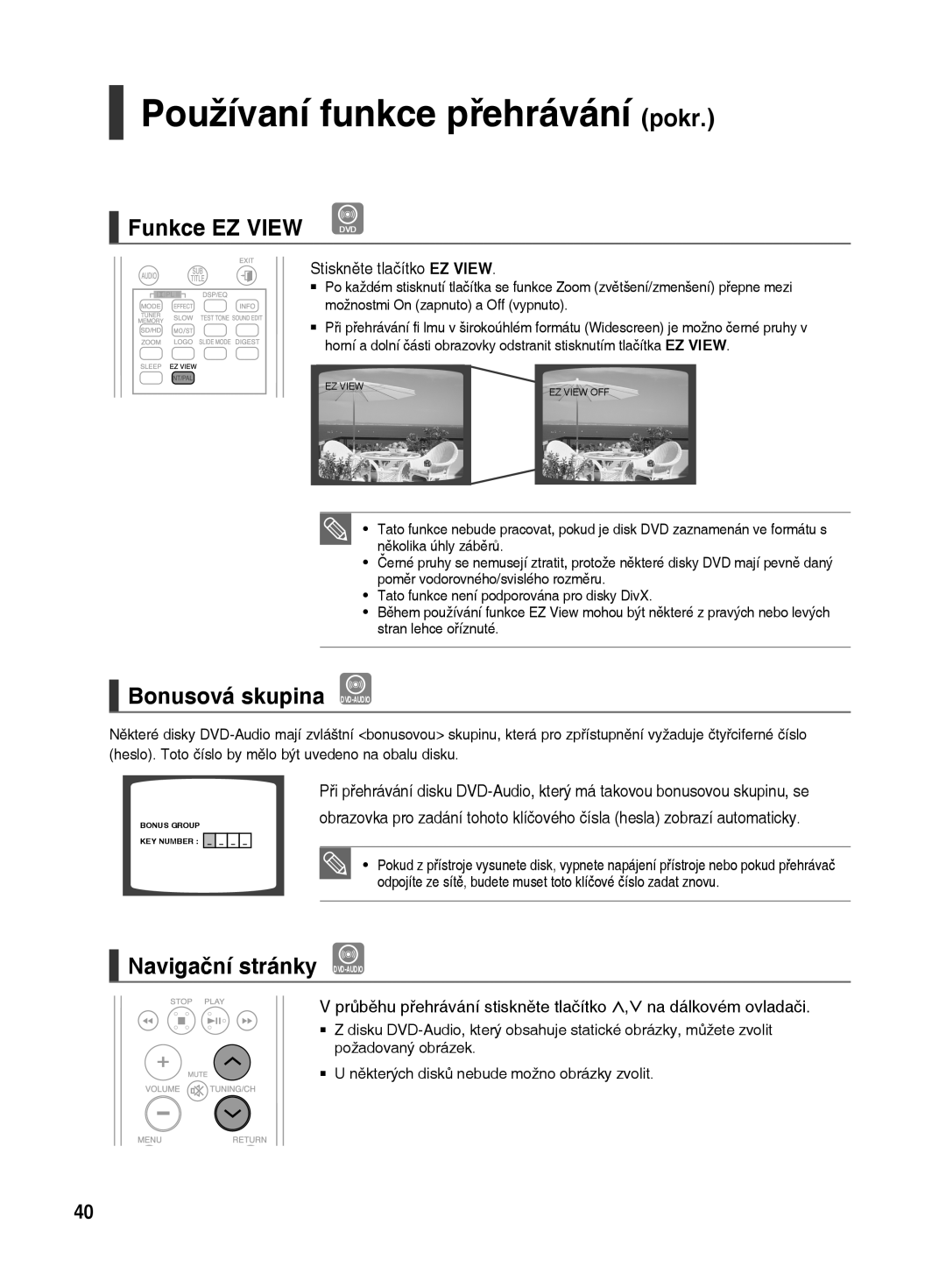 Samsung HT-TX500R/XEO manual Bonusová skupina DVD-AUDIO, Navigační stránky DVD-AUDIO, Stiskněte tlačítko EZ View 