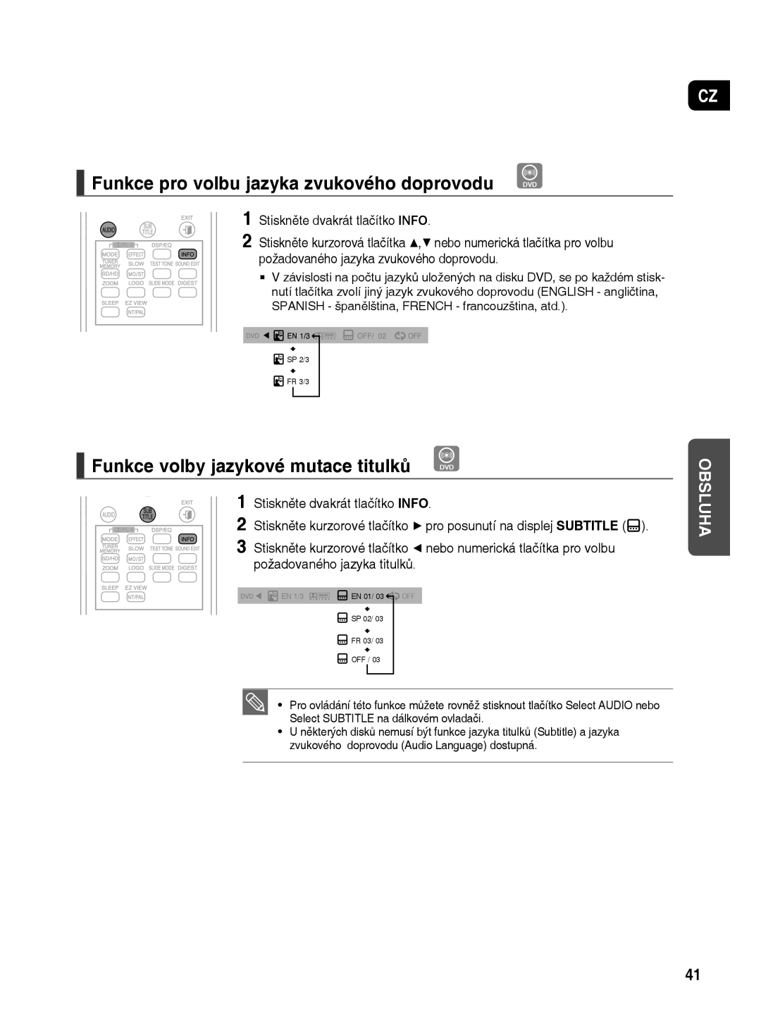 Samsung HT-TX500R/XEO manual Funkce volby jazykové mutace titulků, Funkce pro volbu jazyka zvukového doprovodu 