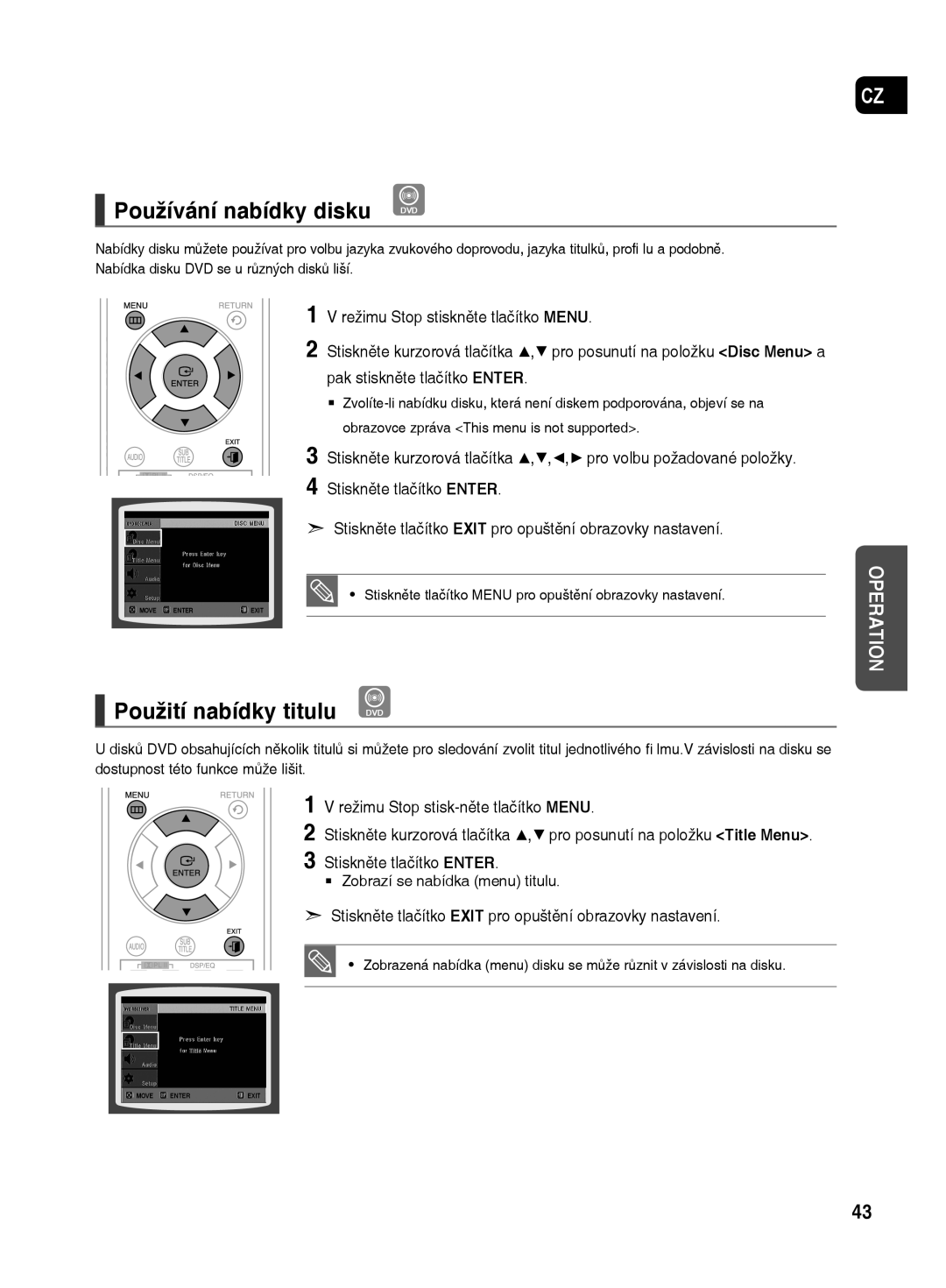 Samsung HT-TX500R/XEO manual Stiskněte tlačítko Menu pro opuštění obrazovky nastavení, ` Zobrazí se nabídka menu titulu 